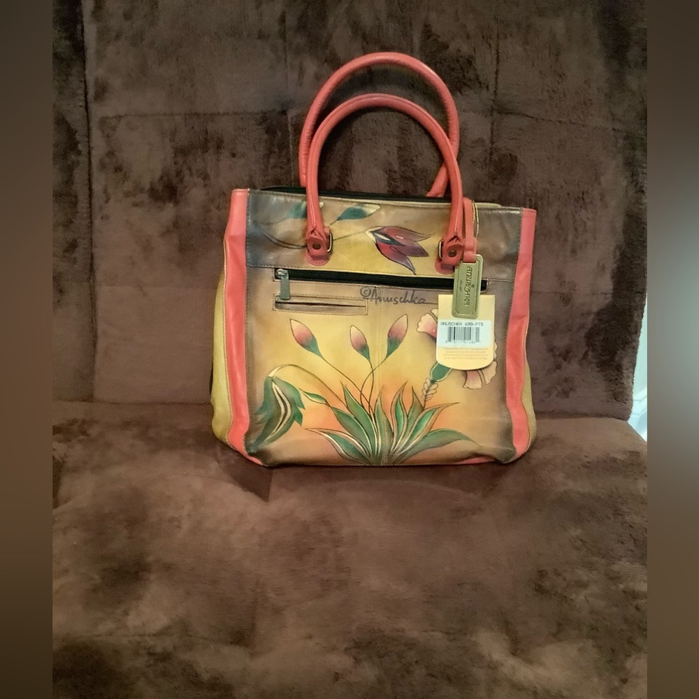 Anuschka hand painted leather purse in yellow, orange, used once, has orig. tag